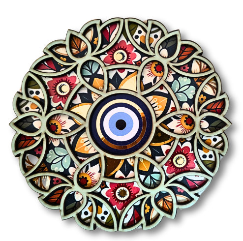 Evil Eye Mandala Wall Decor – 6x6 Inch Handmade Wooden Wall Hanging for Home & Spiritual Protection | Atmikaa Creations